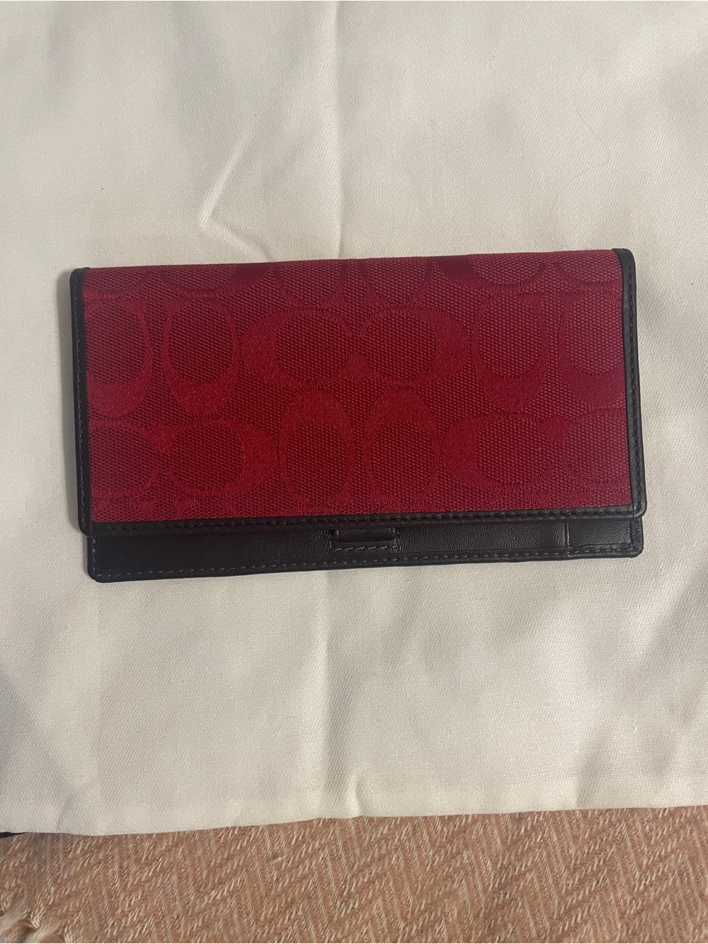 Coach Red Signature Canvas Trifold Card Holder with Black Trim